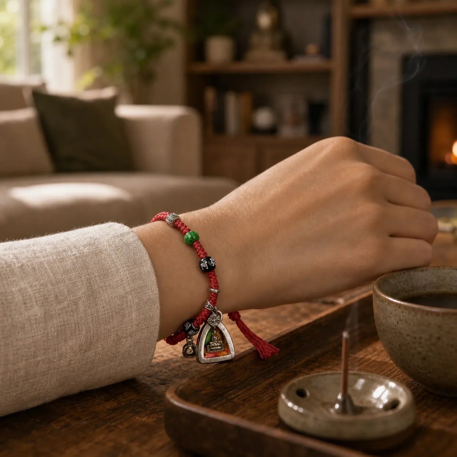 Copper Buddha Amitabha Braided Rope Serenity Bracelet featuring Copper, Buddha Symbol, Red String