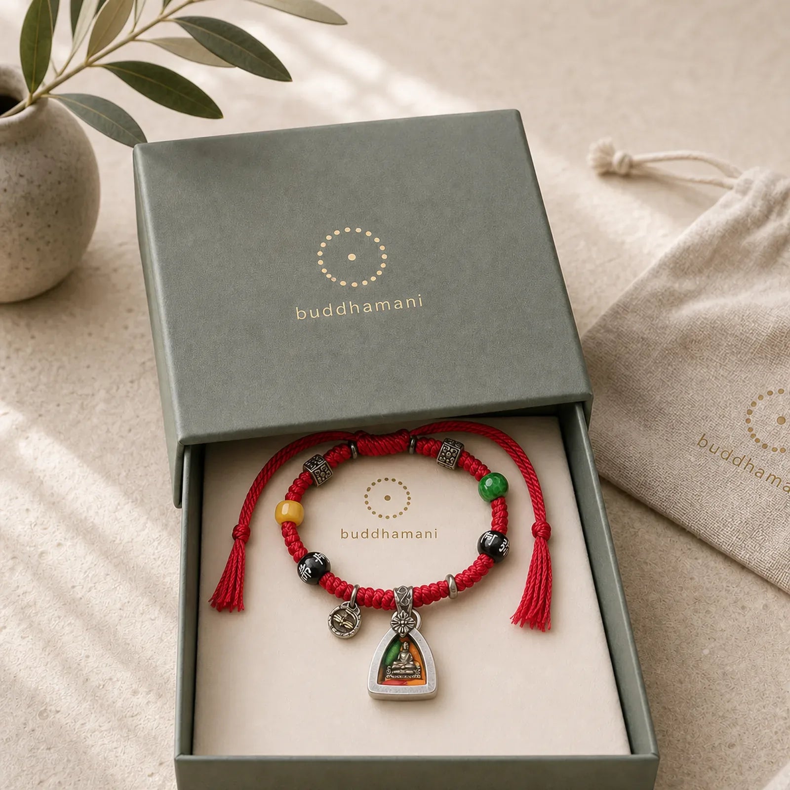 Copper Buddha Amitabha Braided Rope Serenity Bracelet featuring Copper, Buddha Symbol, Red String