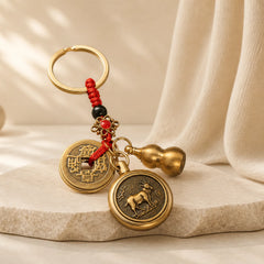 Copper Chinese Zodiac Five Emperor Coins Red String Wealth Keychains featuring Copper, Five Emperor Coins, Red String