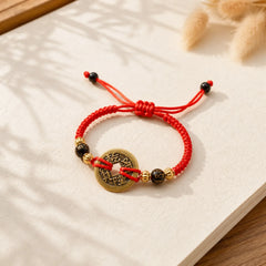 Copper Coin Fortune Red String Weave Bracelet featuring Copper, Red String