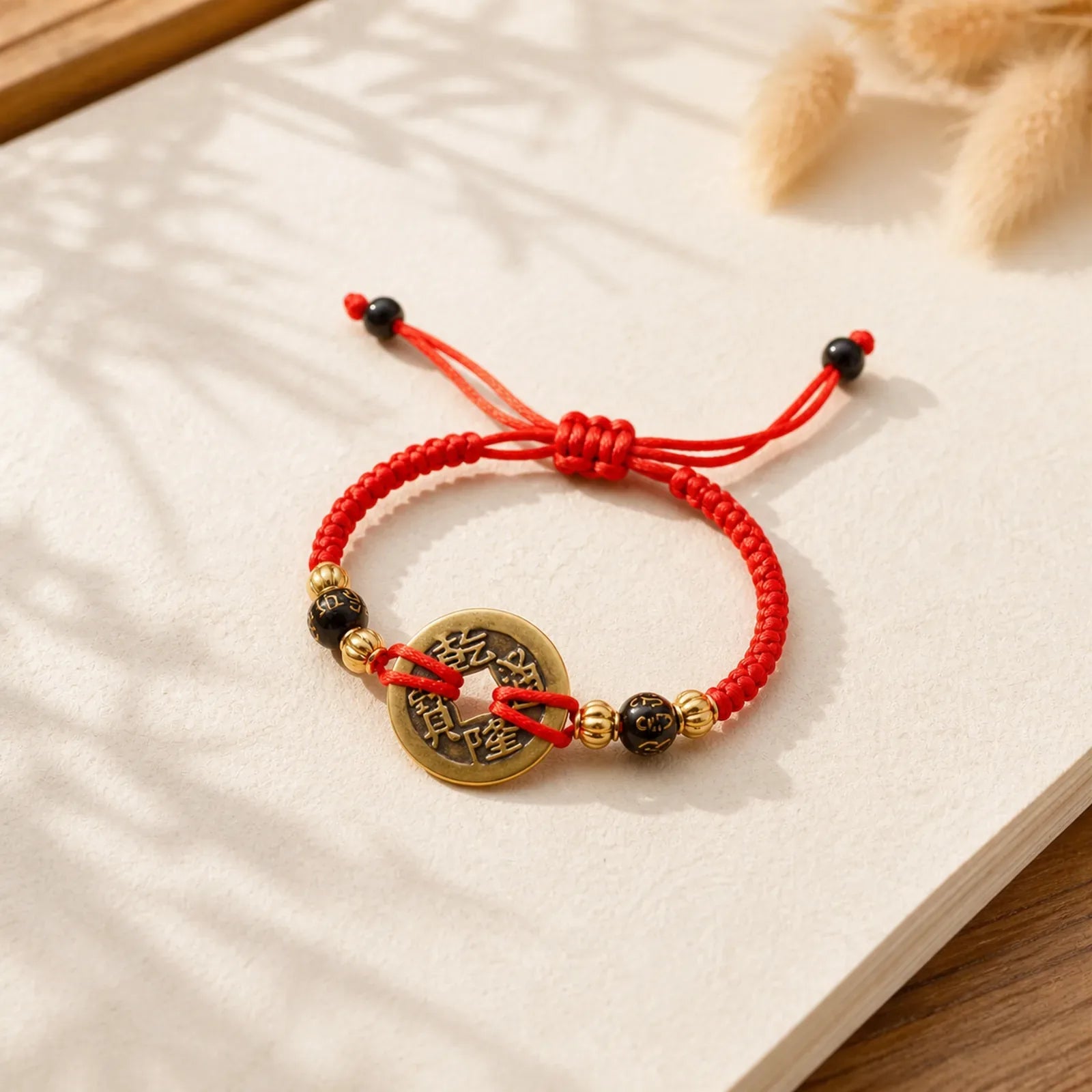 Copper Coin Fortune Red String Weave Bracelet featuring Copper, Red String