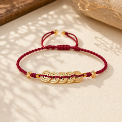 Copper Coin Fortune Tree Luck Strength Braided Bracelet featuring Copper, Red String