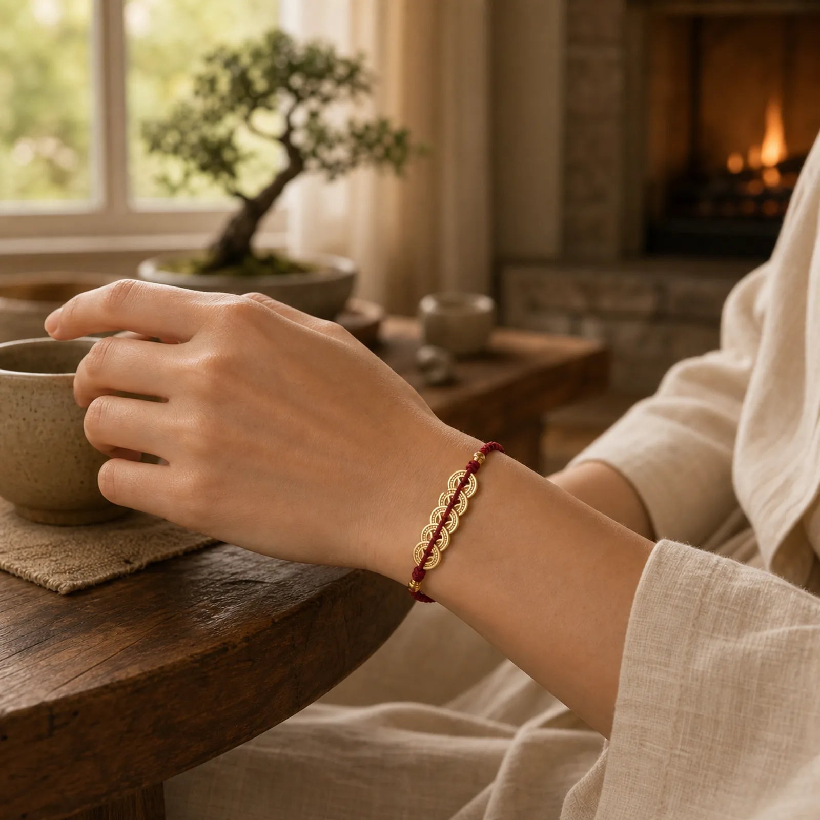 Copper Coin Fortune Tree Luck Strength Braided Bracelet featuring Copper, Red String