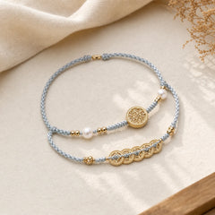 Copper Coin Fortune Tree Pearl Luck Blue Rope Braided Bracelet featuring Copper, Pearl