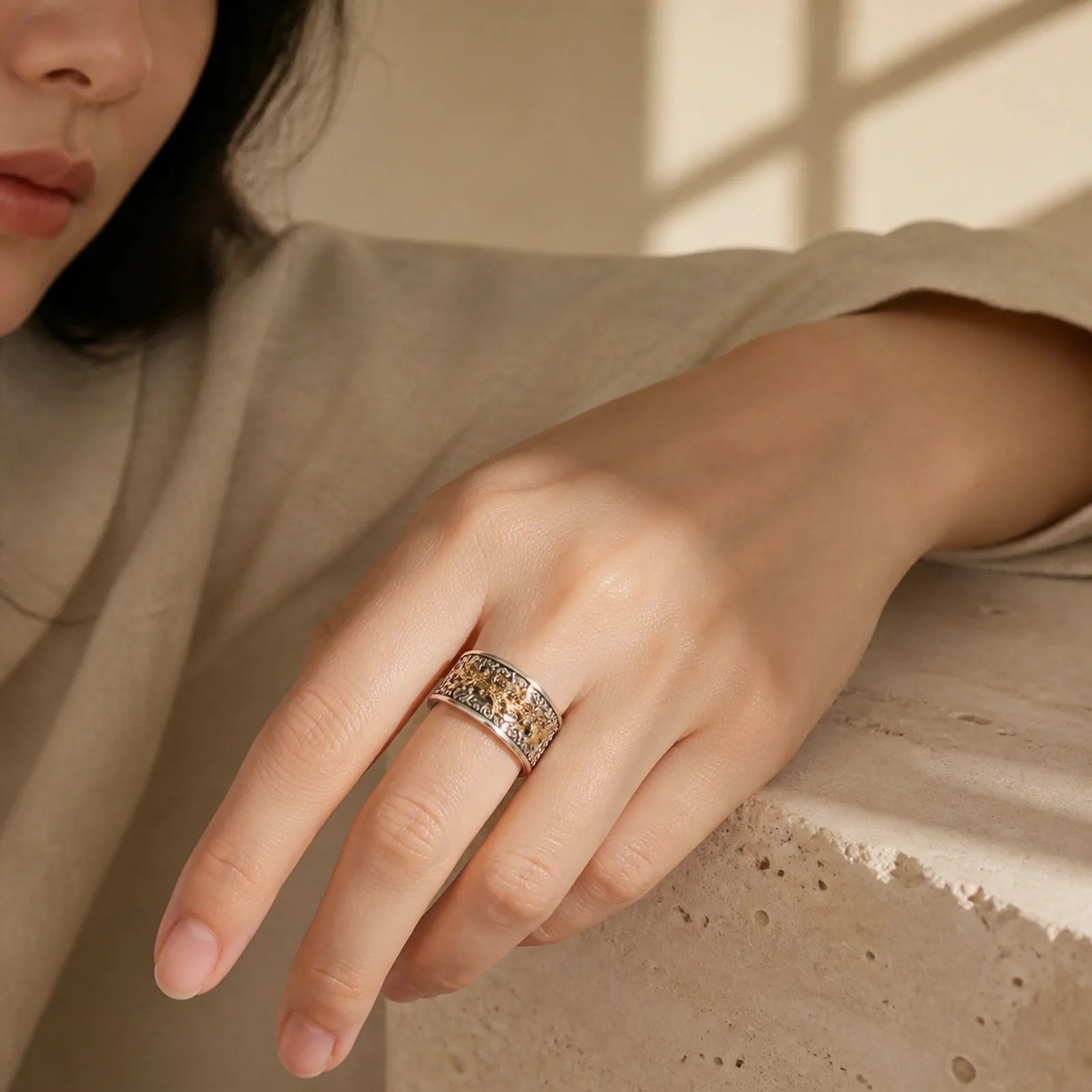 Copper Dragon Tang Dynasty Flower Design Strength Adjustable Ring featuring Copper, Dragon, Tang Dynasty Flower Design