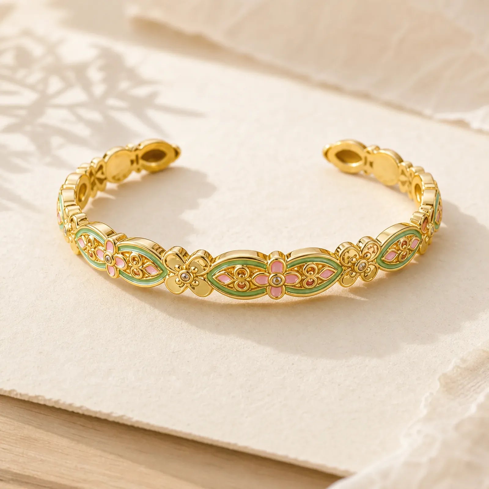 Copper Enamel Floral Balance Cuff Bracelet featuring Copper