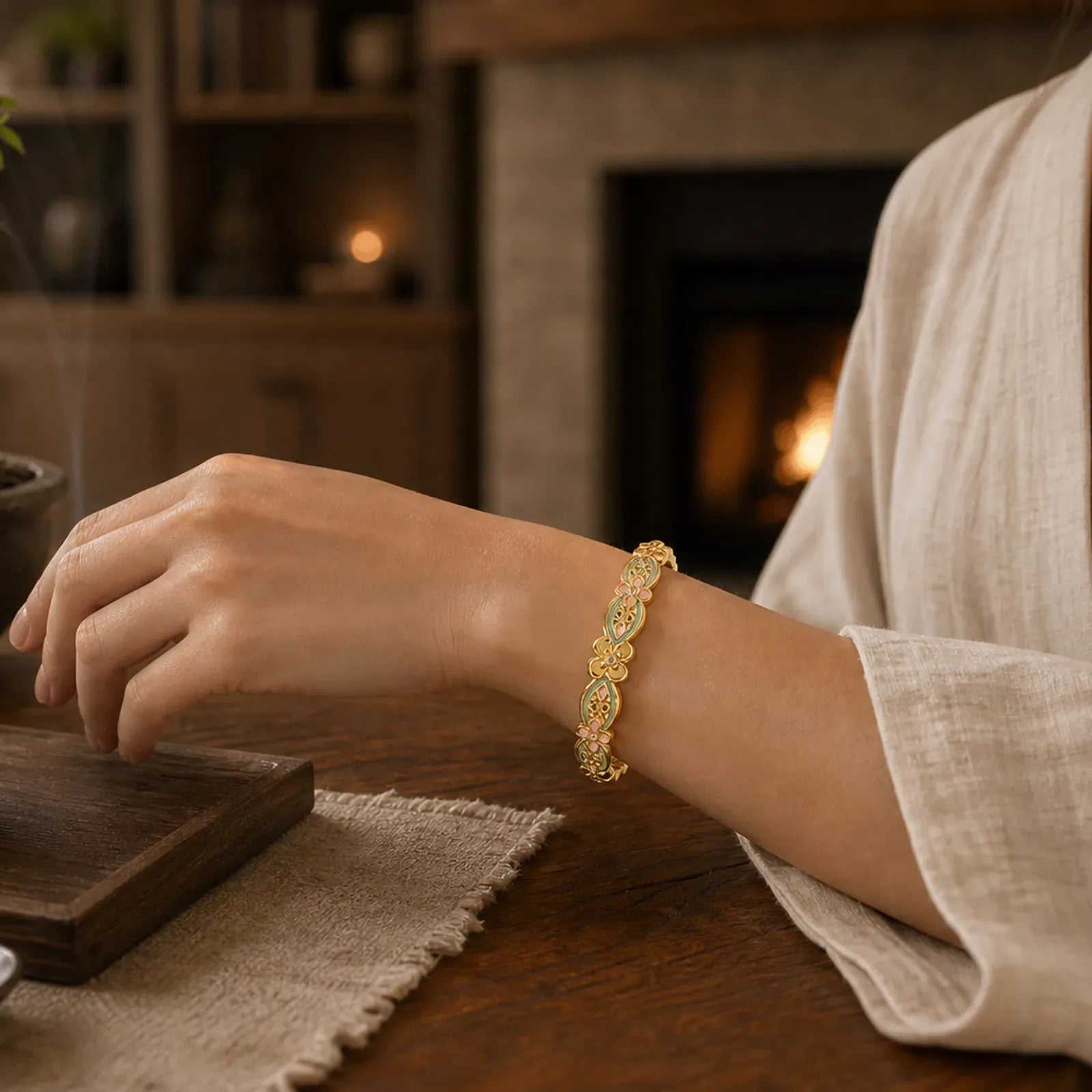 Copper Enamel Floral Balance Cuff Bracelet featuring Copper