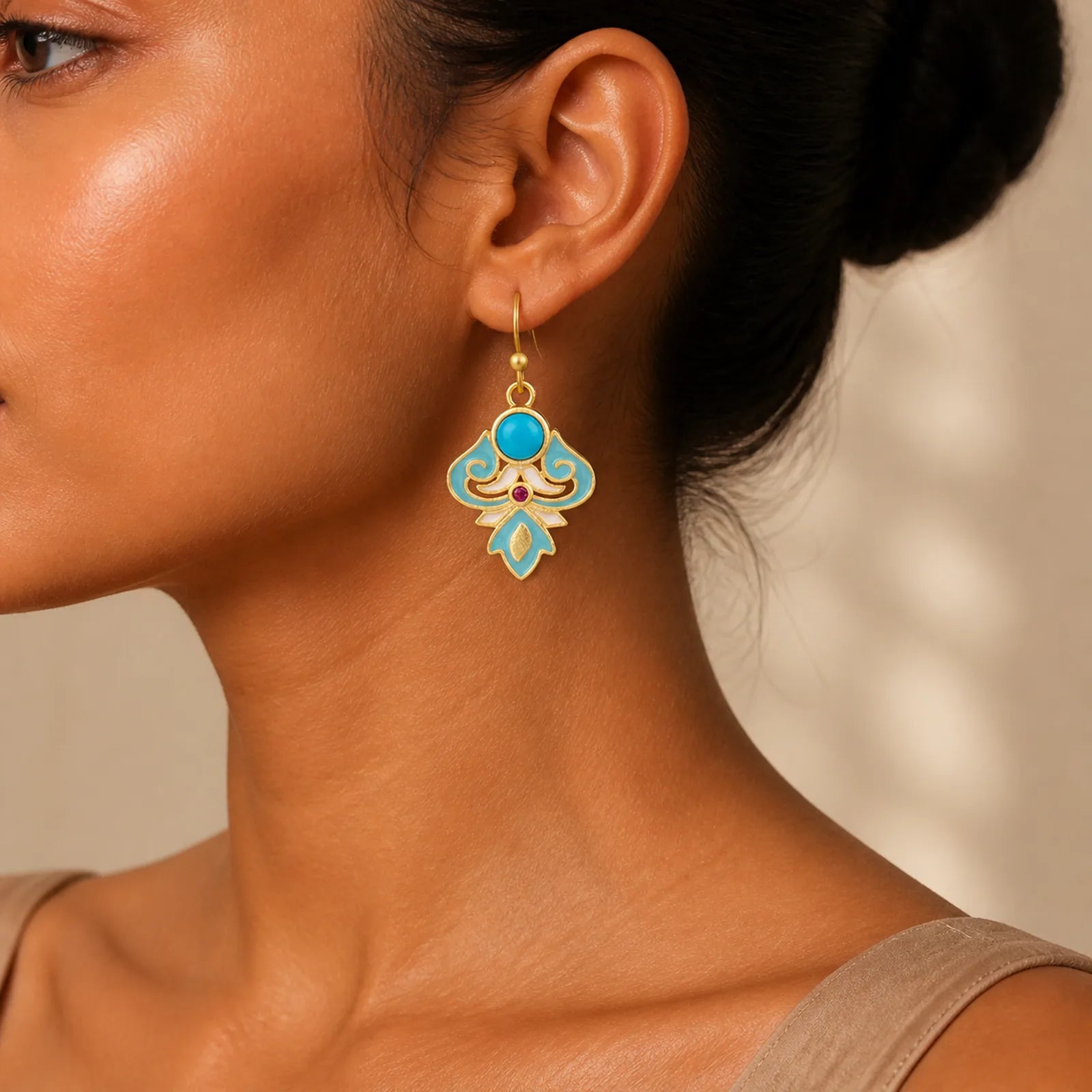 Copper Enamel Turquoise Positive Drop Earrings featuring Copper, Turquoise