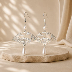 Copper Fan Auspicious Clouds Pearl Healing Drop Earrings featuring Copper, Pearl, Cooper