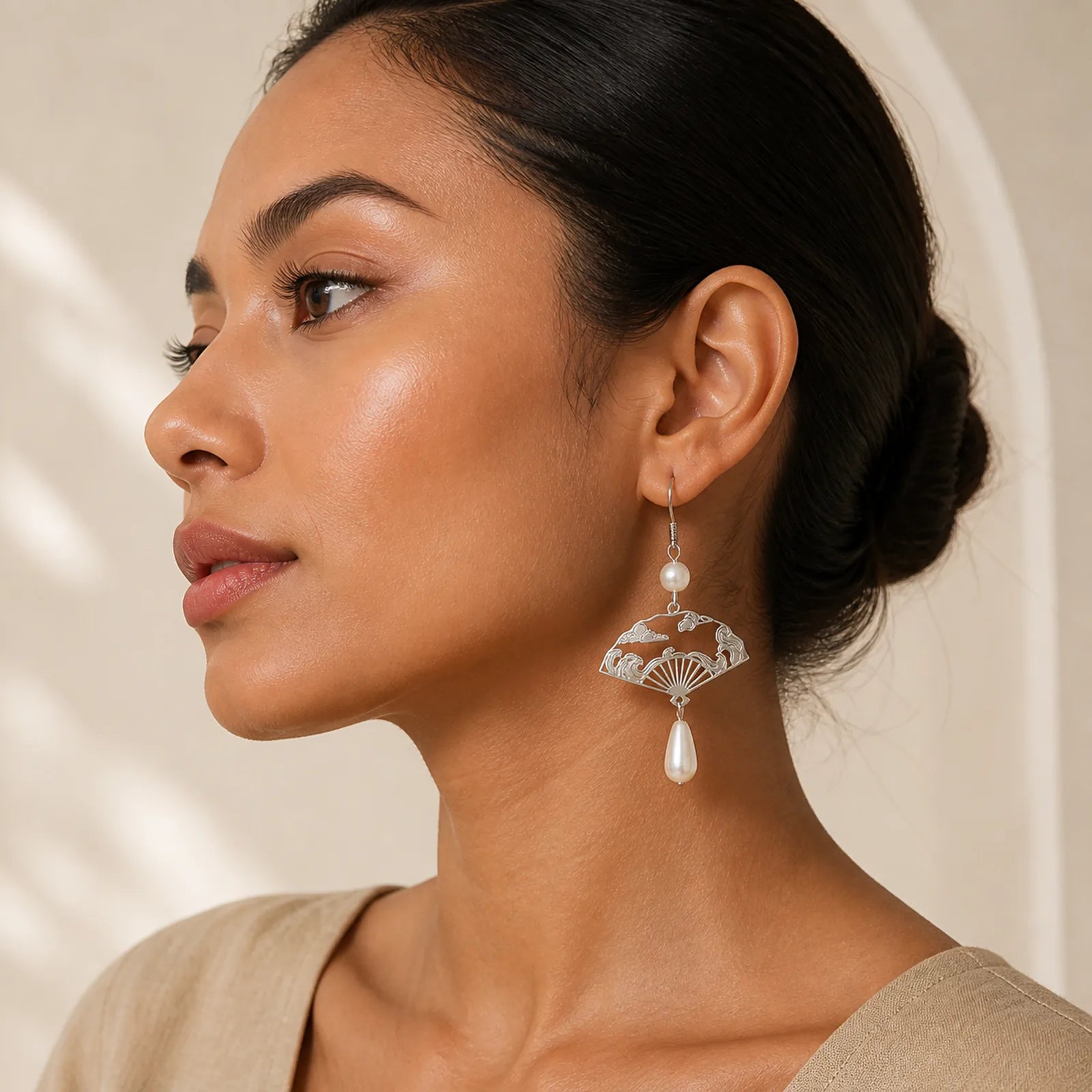 Copper Fan Auspicious Clouds Pearl Healing Drop Earrings featuring Copper, Pearl, Cooper