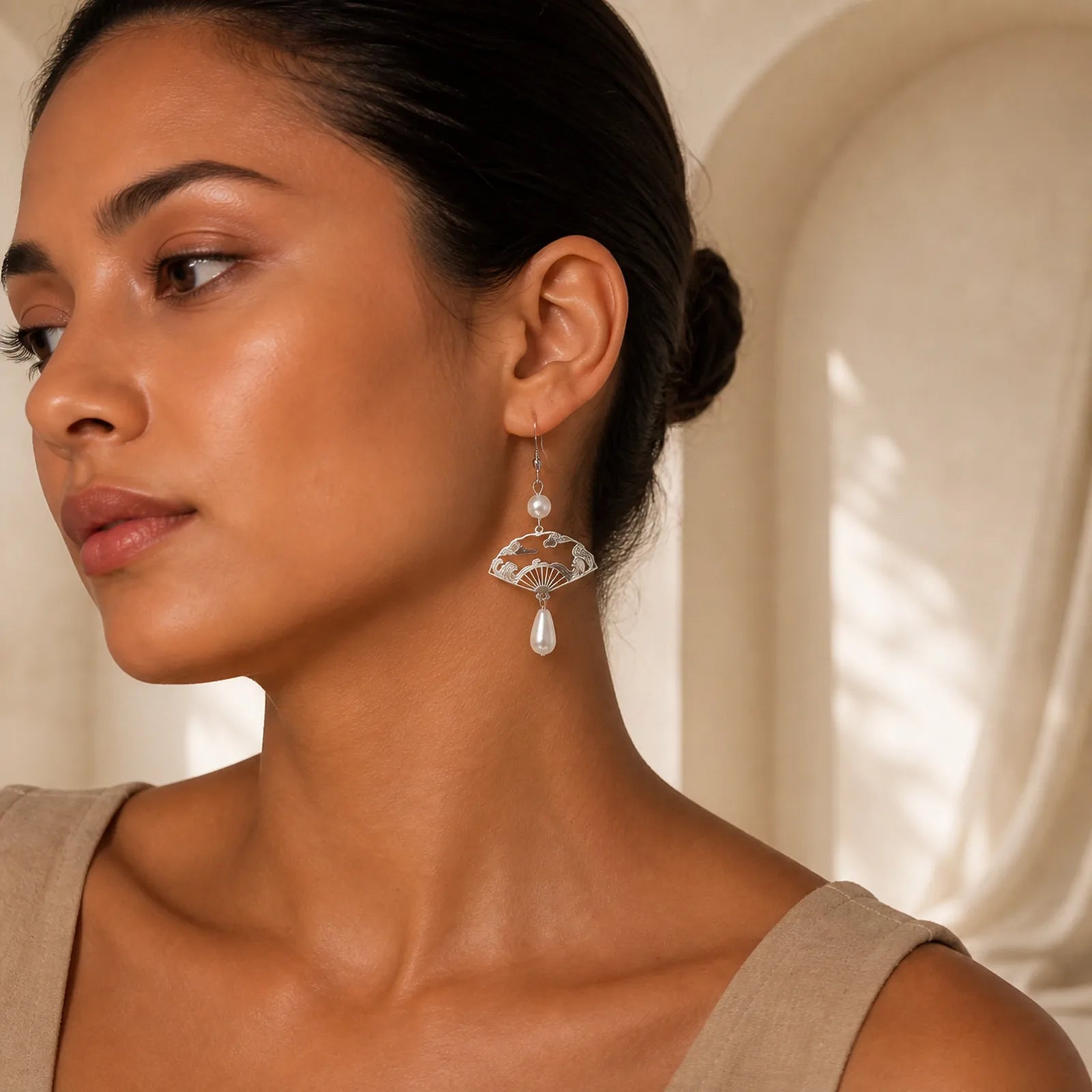 Copper Fan Auspicious Clouds Pearl Healing Drop Earrings featuring Copper, Pearl, Cooper