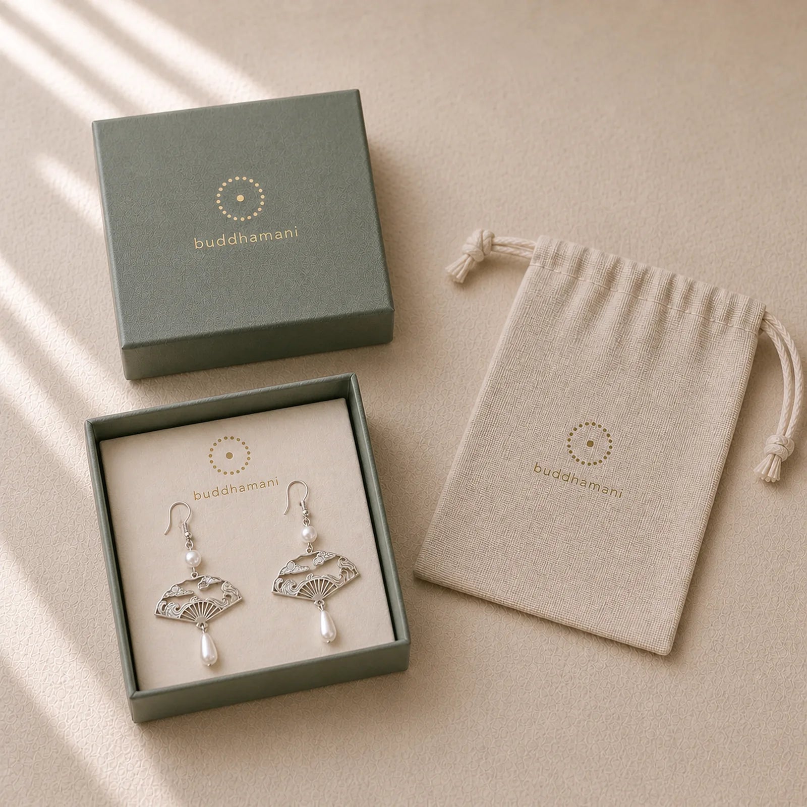 Copper Fan Auspicious Clouds Pearl Healing Drop Earrings featuring Copper, Pearl, Cooper