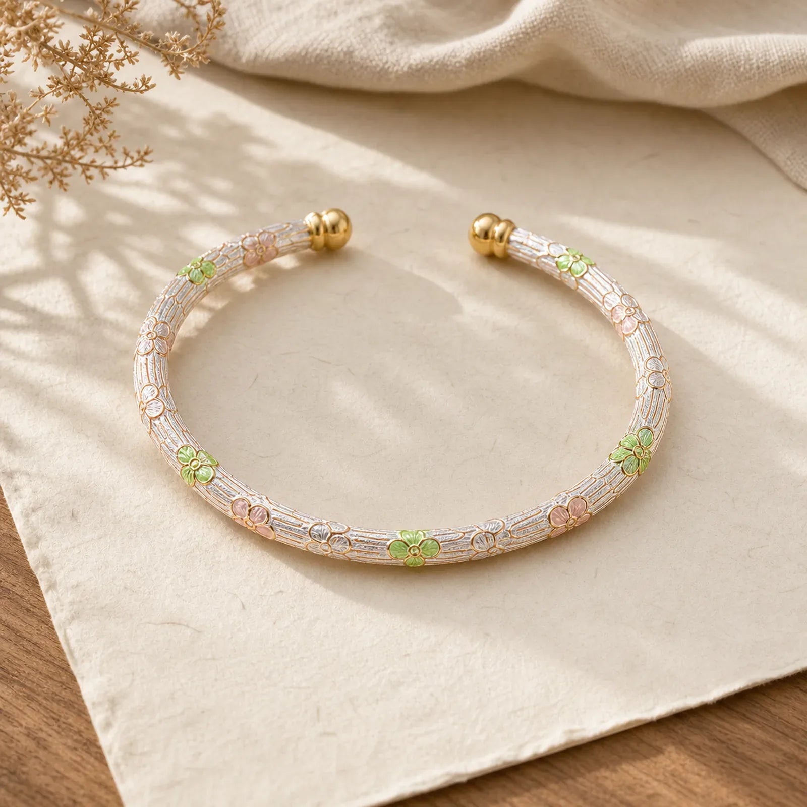 Copper Handmade Enamel Flower Open Luck Bracelet Bangle featuring Copper