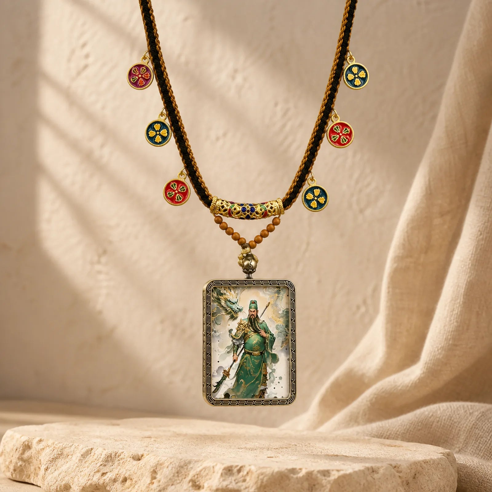 Copper Lord Guan Protection Braided Tassel Thangka Necklace featuring Copper, Lord Guan