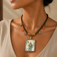 Copper Lord Guan Protection Braided Tassel Thangka Necklace featuring Copper, Lord Guan