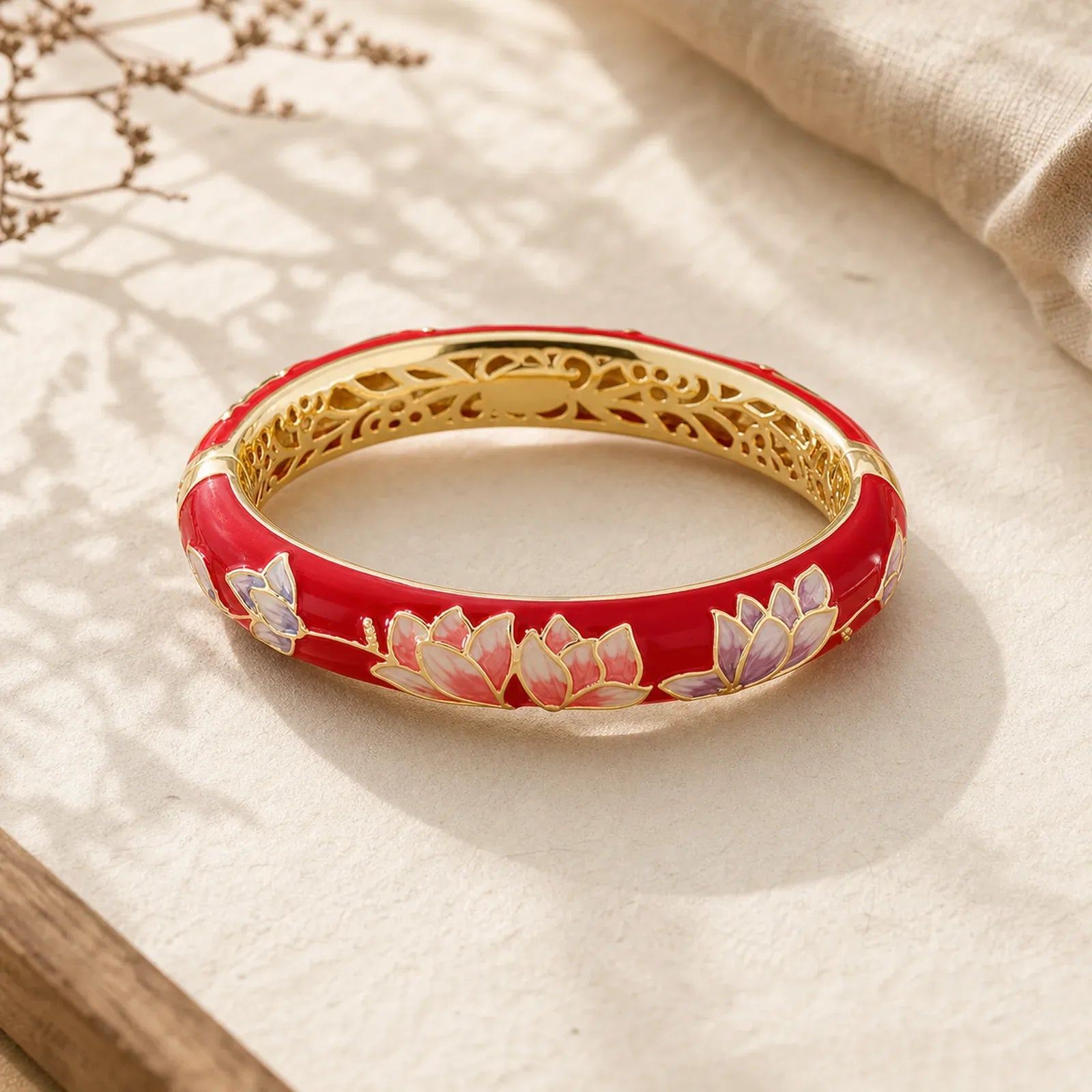 Copper Lotus Cloisonné Enamel Enlightenment Bangle Bracelet featuring Copper, Lotus, Lotus Symbol