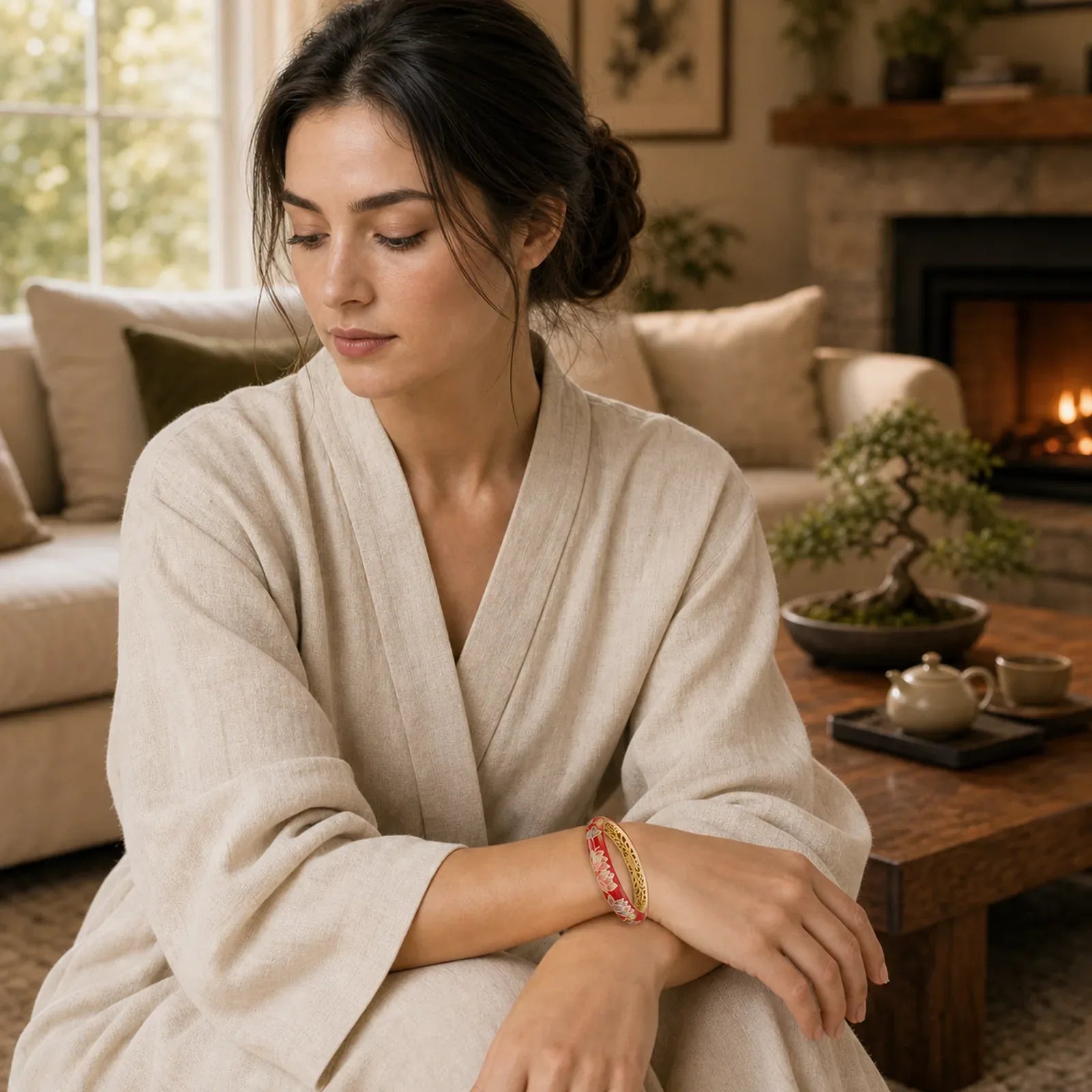 Copper Lotus Cloisonné Enamel Enlightenment Bangle Bracelet featuring Copper, Lotus, Lotus Symbol