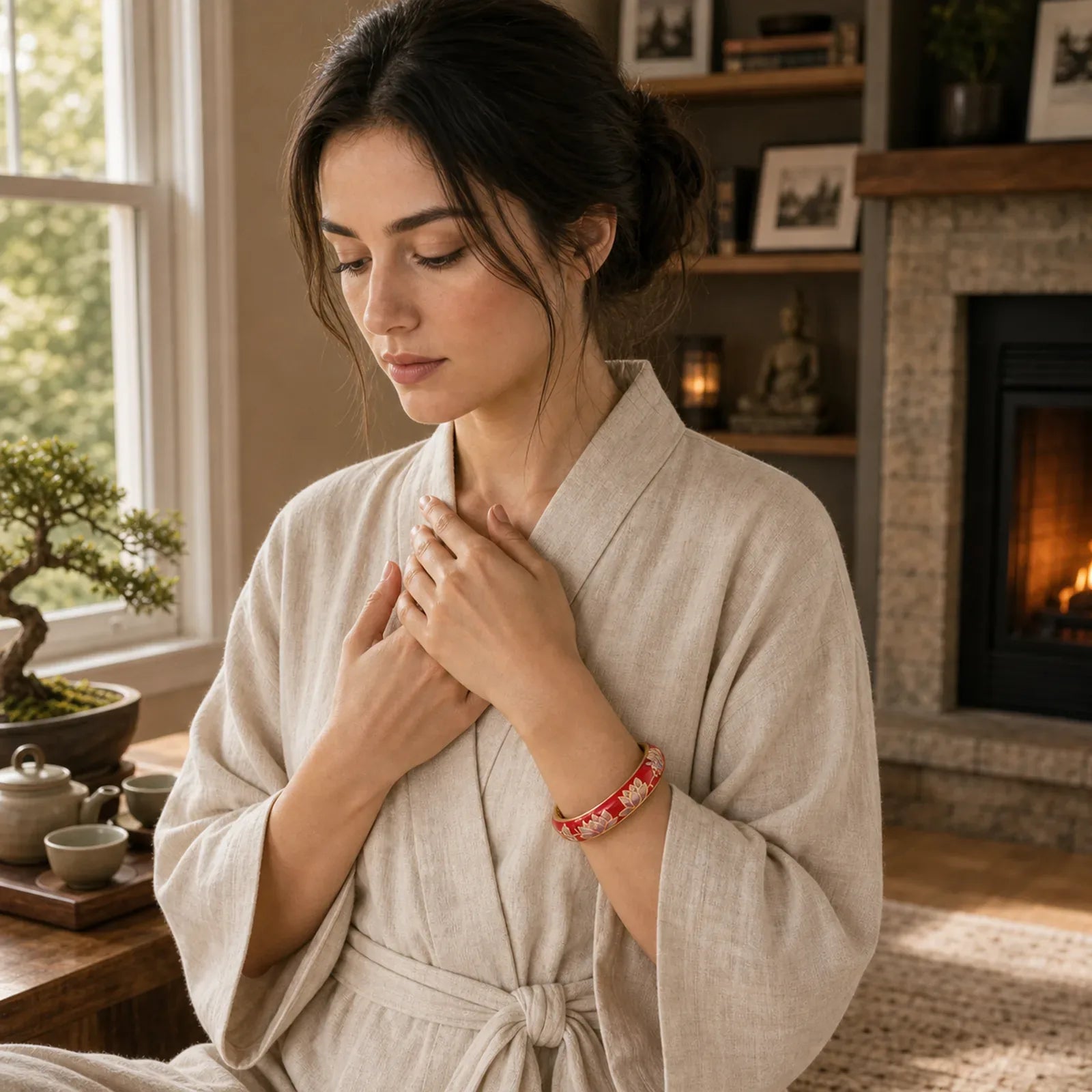Copper Lotus Cloisonné Enamel Enlightenment Bangle Bracelet featuring Copper, Lotus, Lotus Symbol