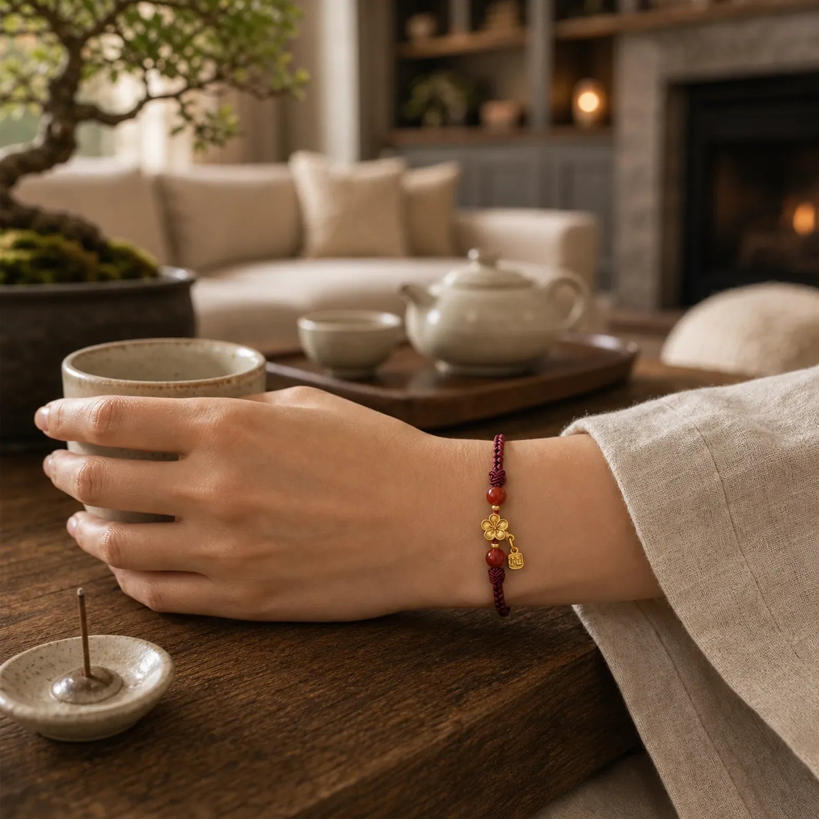 Copper Peach Blossoms Fu Character Good Fortune Red String Charm Bracelet featuring Copper, Fu Character, Red String