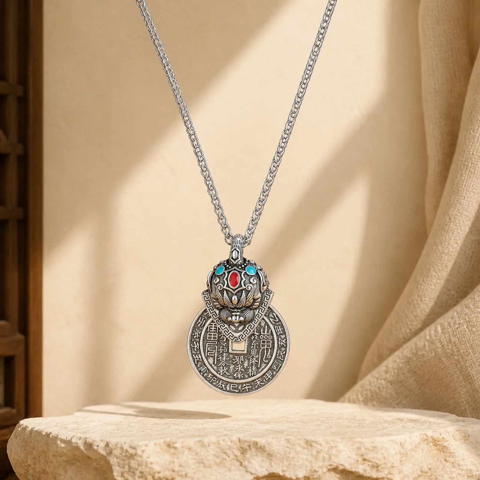 Copper PiXiu Chinese Coin Wealth Enamel Vintage Necklace featuring Copper, Pixiu