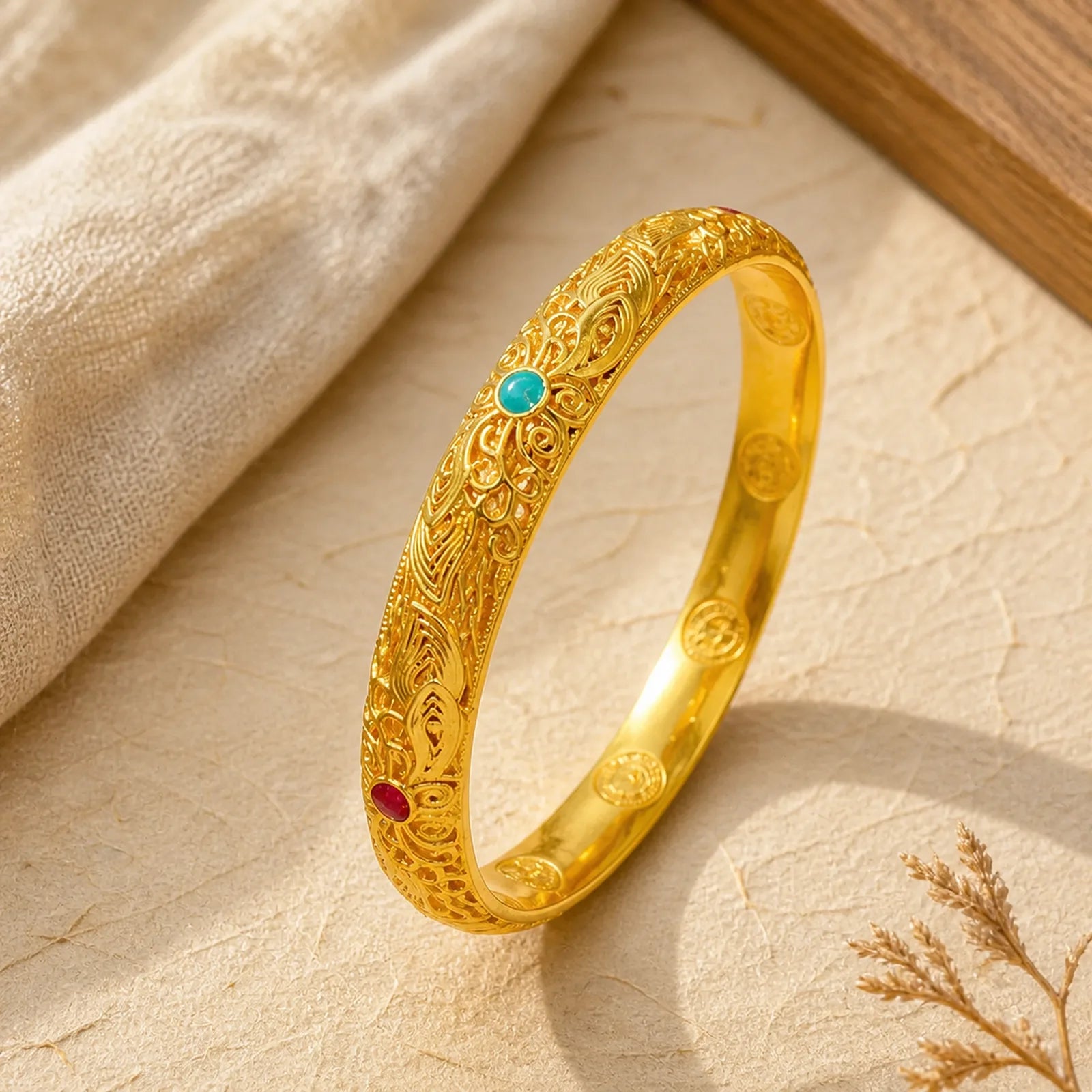 Copper Plated Gold Flowers Leaves Luck Bracelet Bangle featuring Copper