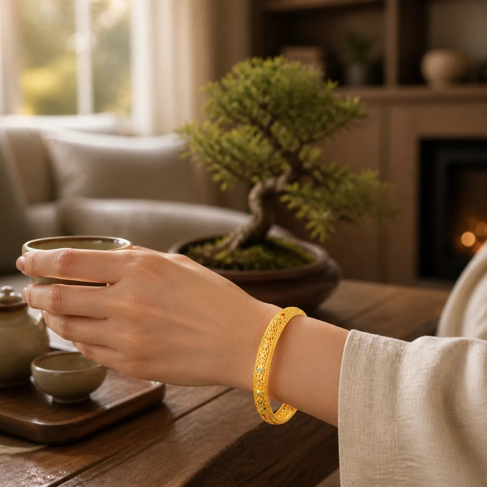 Copper Plated Gold Flowers Vine Pattern Luck Bracelet Bangle 2.44 IN (62 MM) featuring Copper