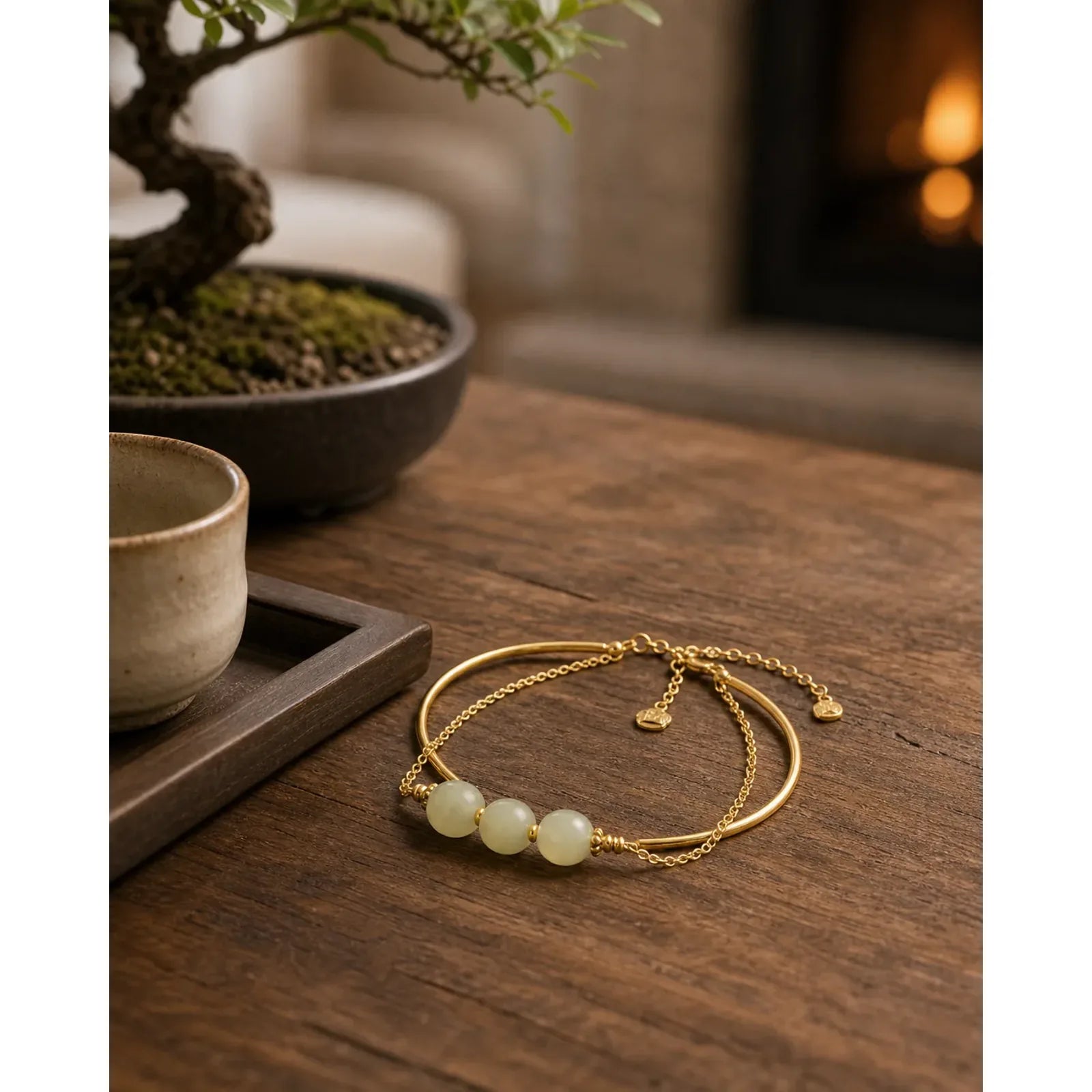 Copper Plated Gold Hetian Jade Bead Luck Double Layer Bracelet Bangle featuring Copper, Jade
