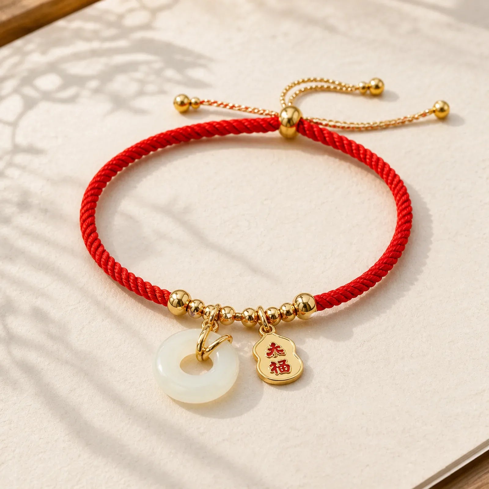 Copper Plated Gold Jade Peace Buckle Fu Character Year Of The Snake Red String Luck Bracelet featuring Copper, Jade, Peace Buckle