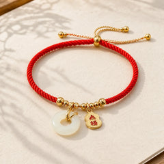 Copper Plated Gold Jade Peace Buckle Fu Character Year Of The Snake Red String Luck Bracelet featuring Copper, Jade, Peace Buckle