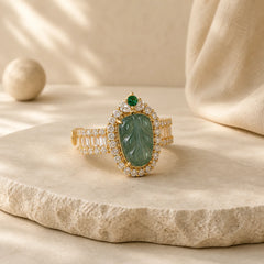Copper Plated Gold Natural Jade Leaf Full Diamond Luck Adjustable Ring featuring Copper, Jade