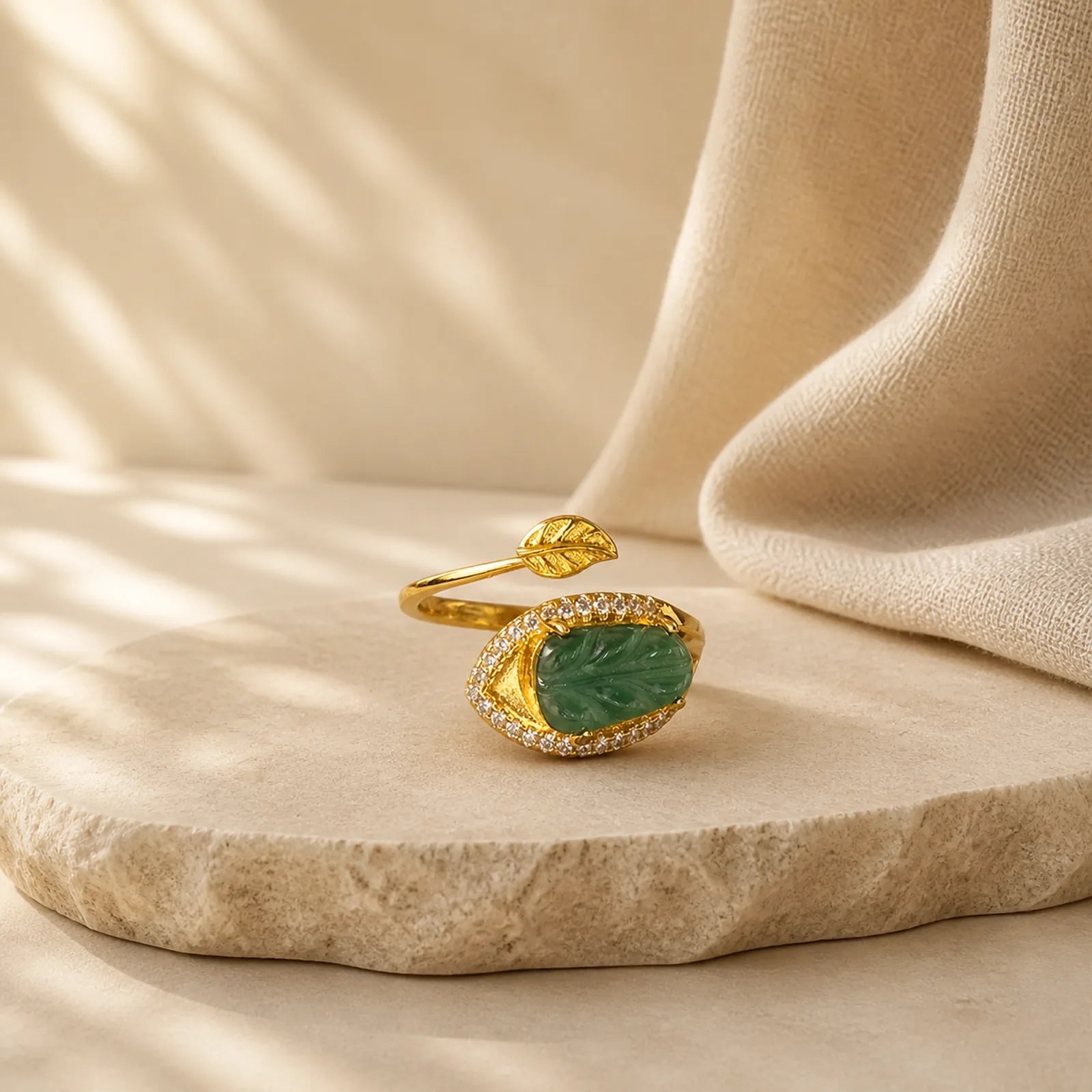 Copper Plated Gold Natural Jade Leaf Prosperity Adjustable Ring featuring Copper, Jade