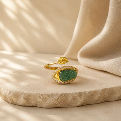 Copper Plated Gold Natural Jade Leaf Prosperity Adjustable Ring featuring Copper, Jade