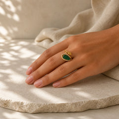 Copper Plated Gold Natural Jade Leaf Prosperity Adjustable Ring featuring Copper, Jade