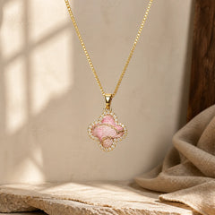 Copper Rotatable Heart & Four-leaf Clover Inlaid Pink Brocade Harmonic Connection Necklace featuring Copper
