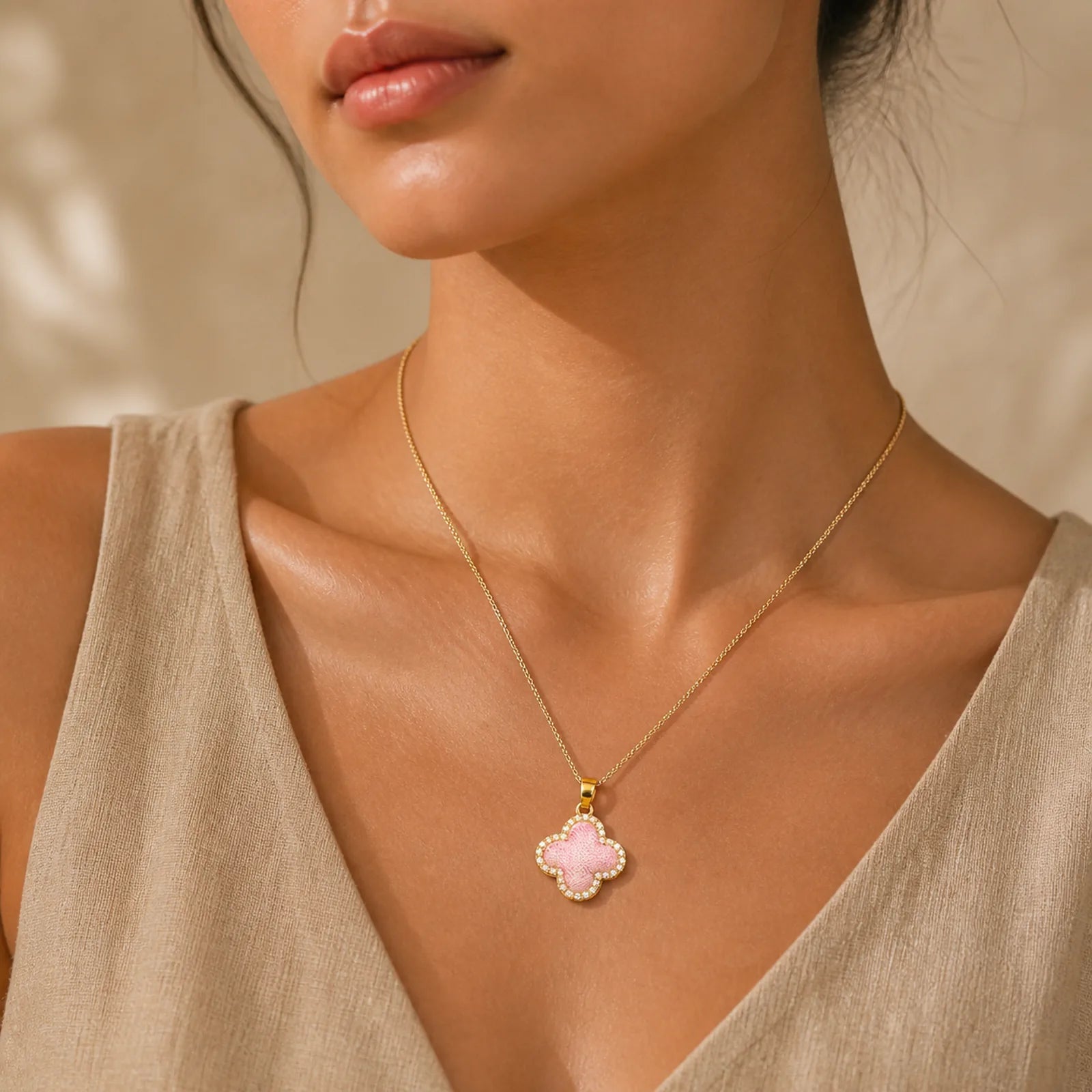Copper Rotatable Heart & Four-leaf Clover Inlaid Pink Brocade Harmonic Connection Necklace featuring Copper