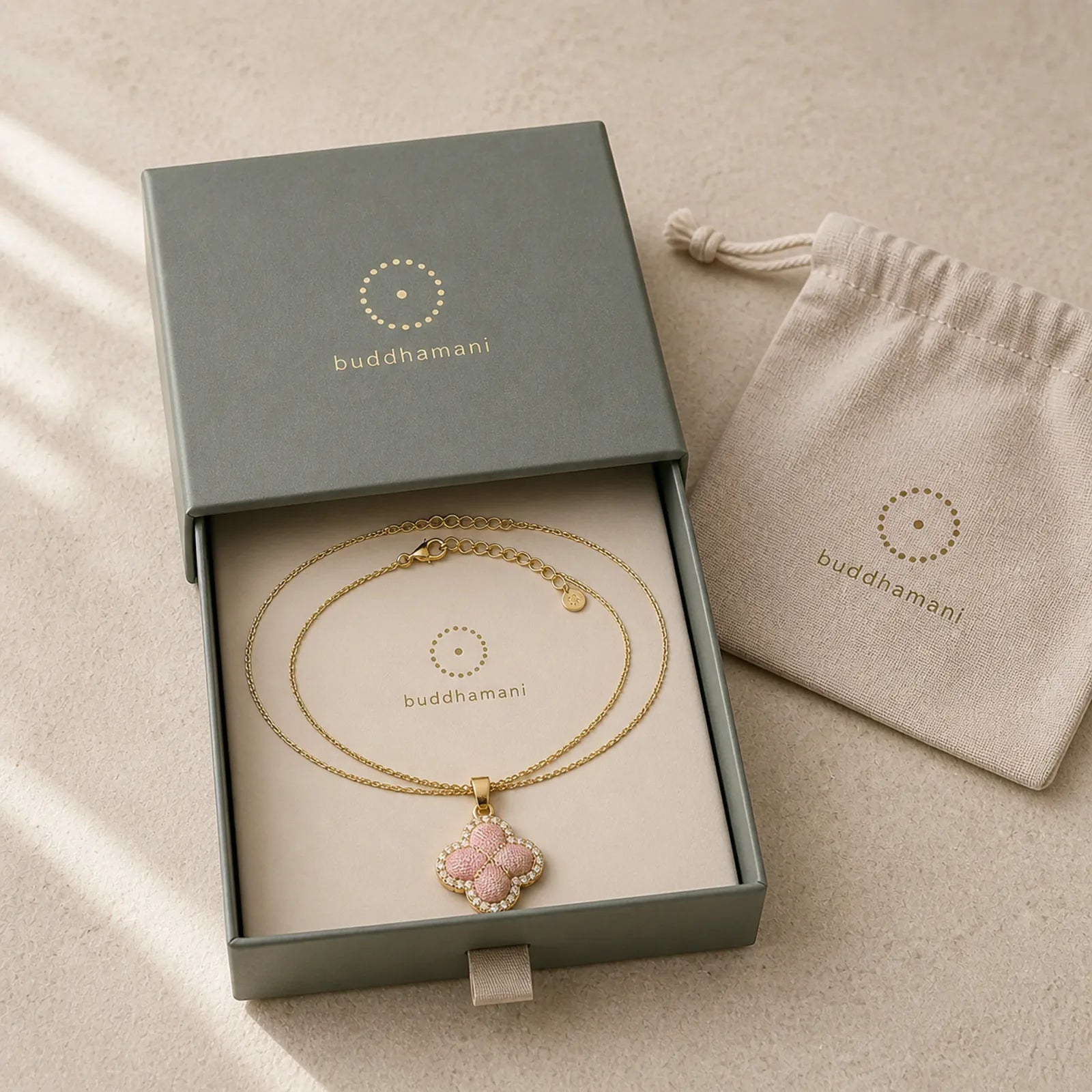 Copper Rotatable Heart & Four-leaf Clover Inlaid Pink Brocade Harmonic Connection Necklace featuring Copper