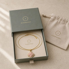 Copper Rotatable Heart & Four-leaf Clover Inlaid Pink Brocade Harmonic Connection Necklace featuring Copper