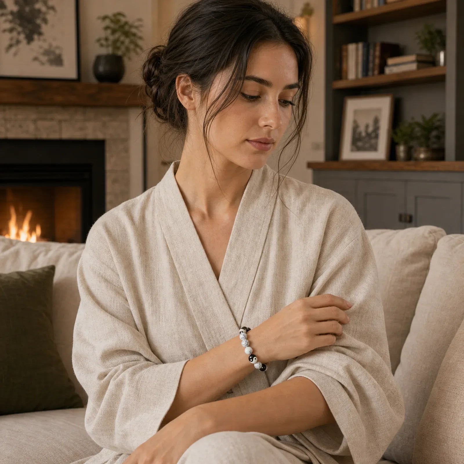 Copper Yin Yang Balance Tibetan Round Bracelet featuring Copper, Black Obsidian, White Turquoise