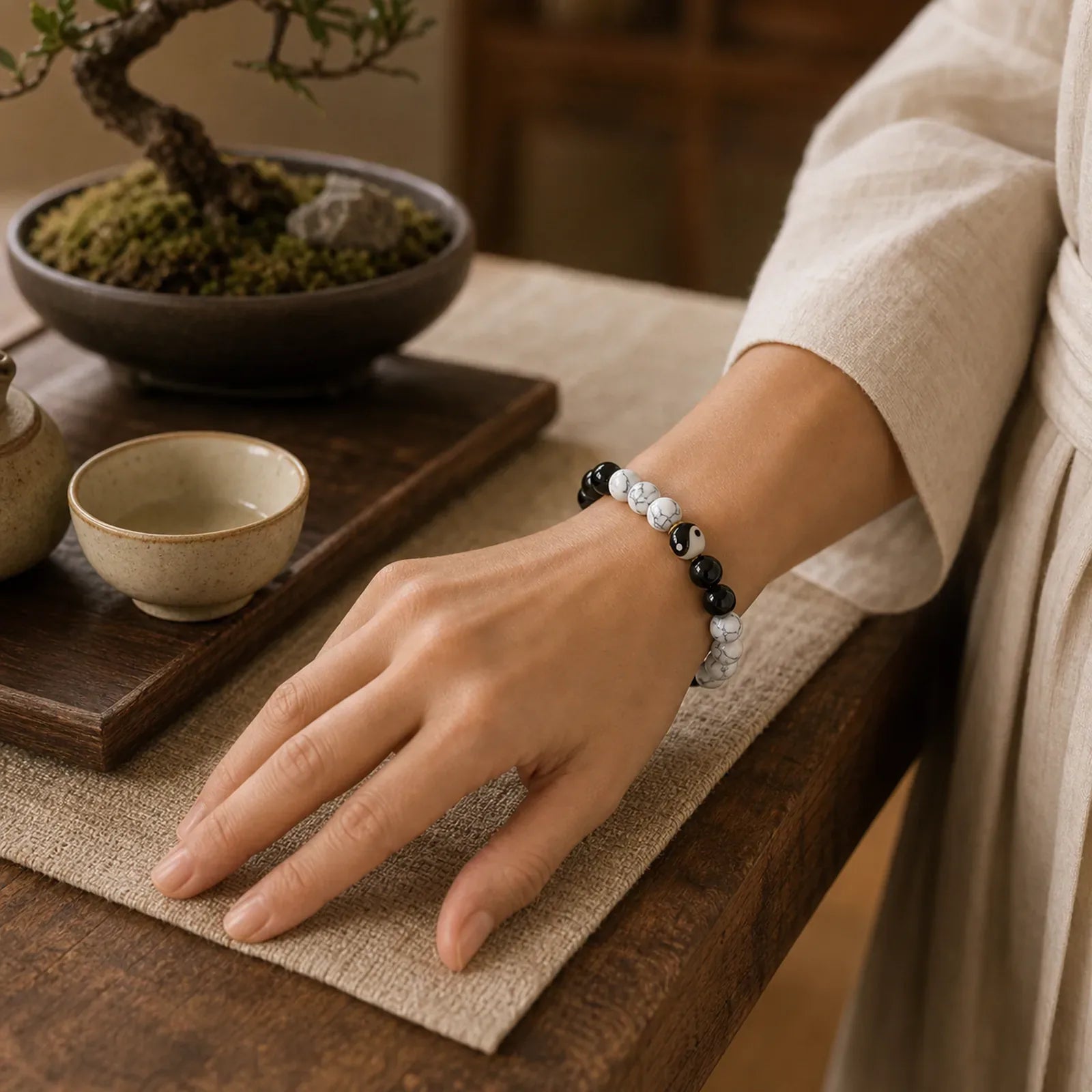 Copper Yin Yang Balance Tibetan Round Bracelet featuring Copper, Black Obsidian, White Turquoise