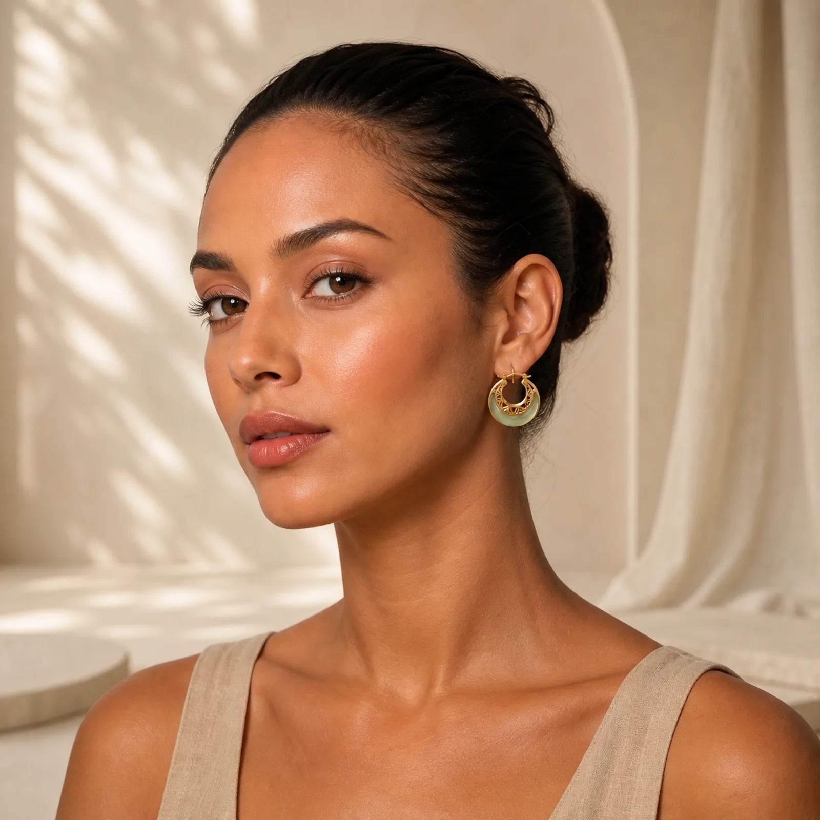 Crescent Moon Jade Prosperity Drop Earrings featuring Jade