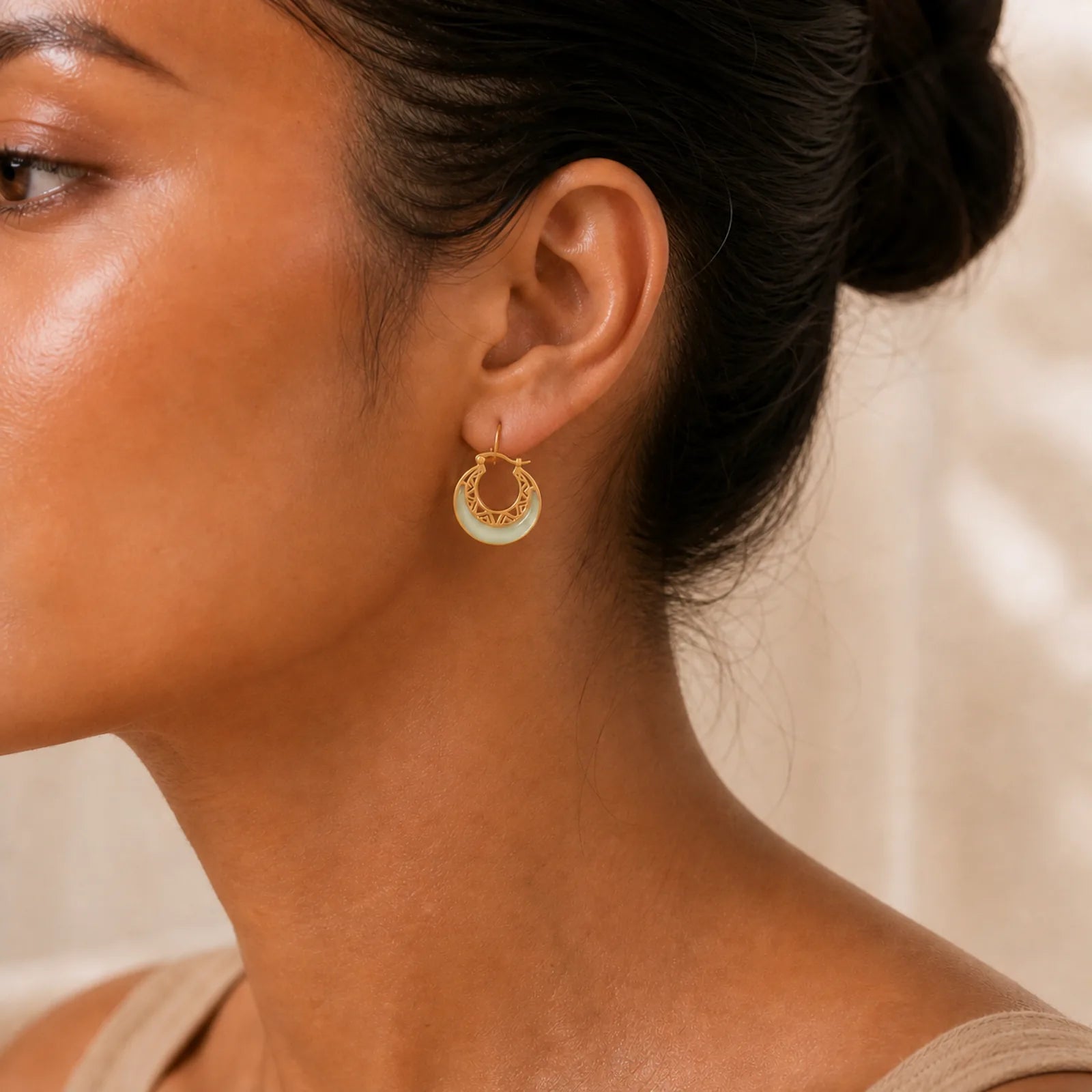 Crescent Moon Jade Prosperity Drop Earrings featuring Jade