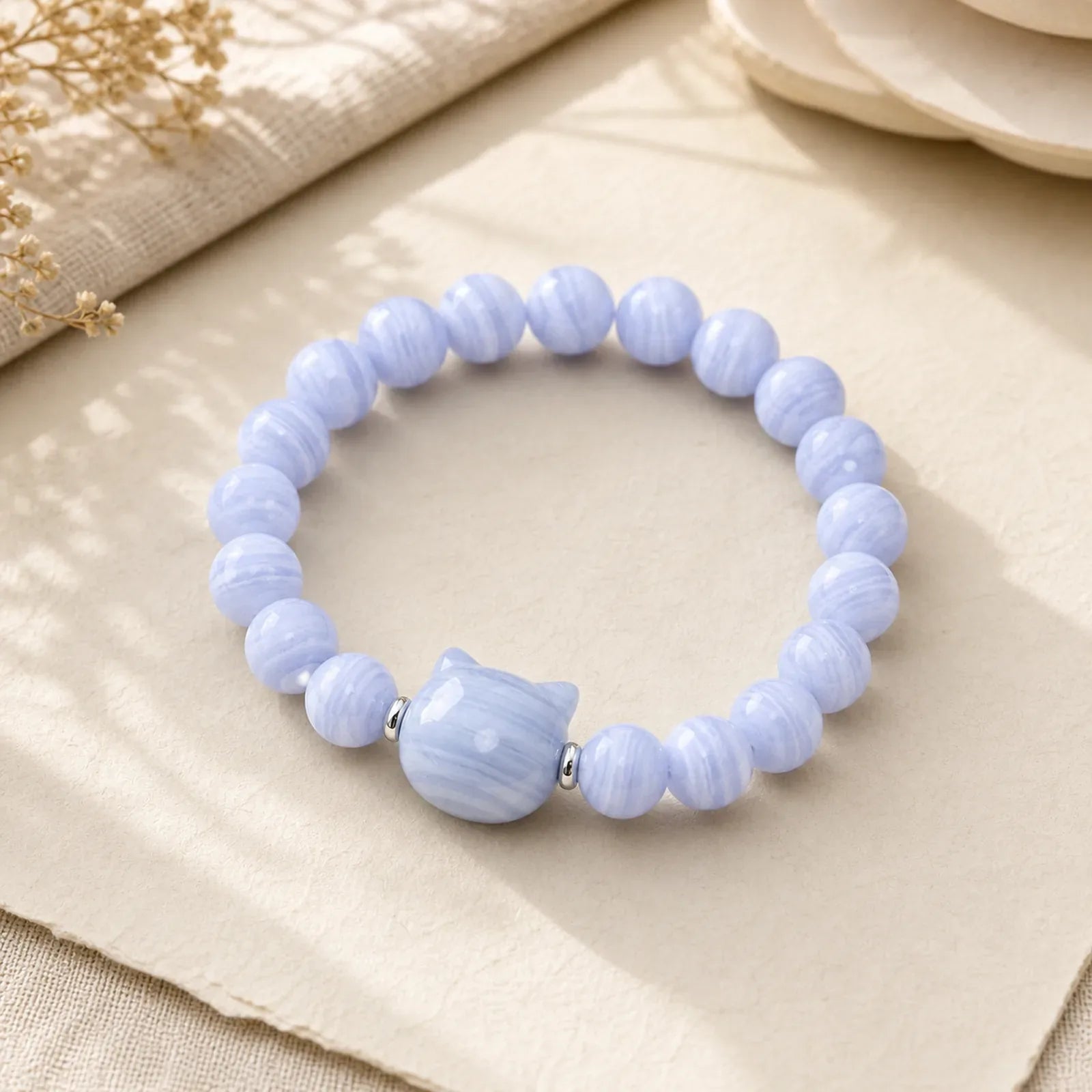 Cute Cat Design Blue Lace Agate Clear Quartz Beaded Bracelet featuring Blue Lace Agate, Clear Quartz / White Crystal, Green Aventurine