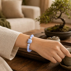 Cute Cat Design Blue Lace Agate Clear Quartz Beaded Bracelet featuring Blue Lace Agate, Clear Quartz / White Crystal, Green Aventurine