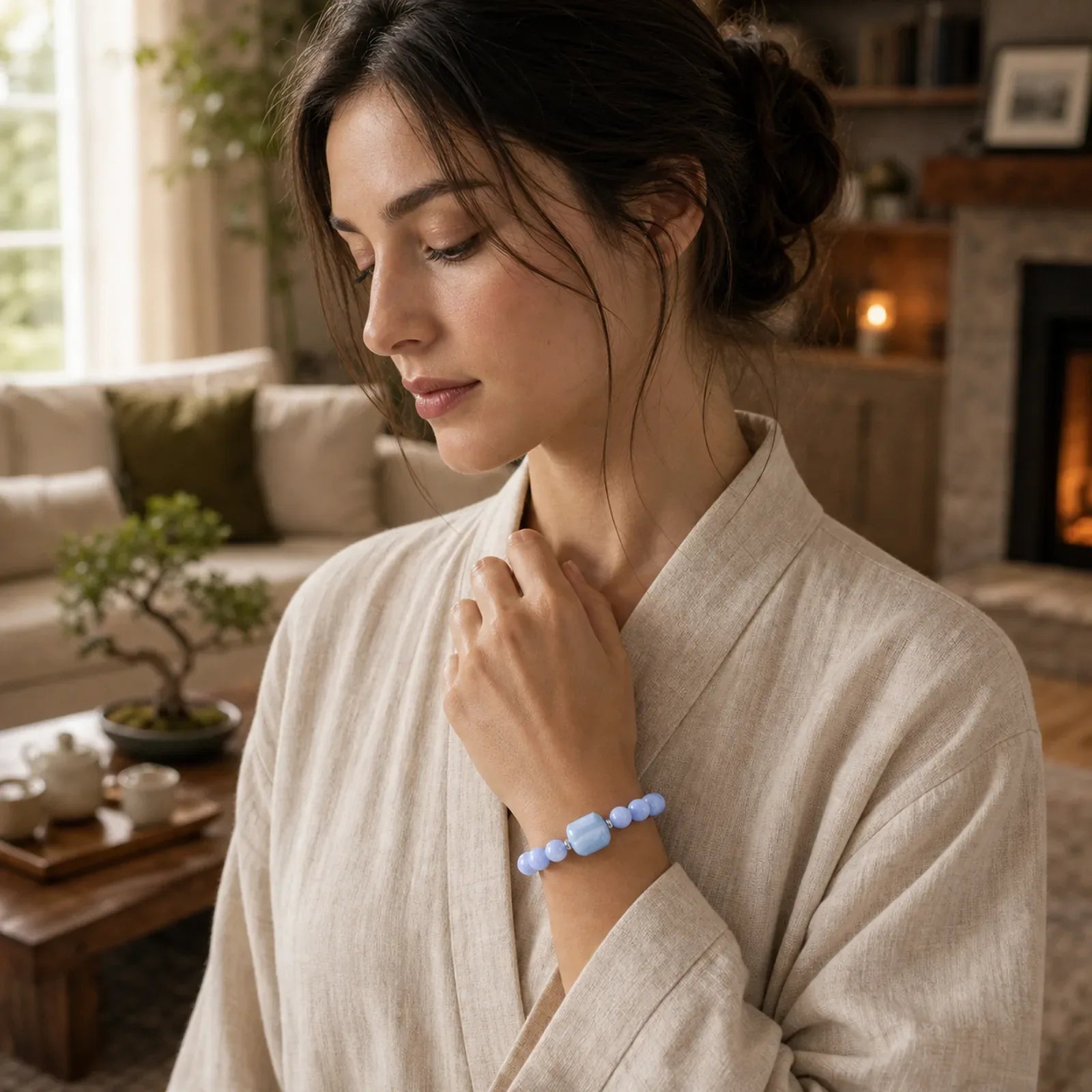 Cute Cat Design Blue Lace Agate Clear Quartz Beaded Bracelet featuring Blue Lace Agate, Clear Quartz / White Crystal, Green Aventurine