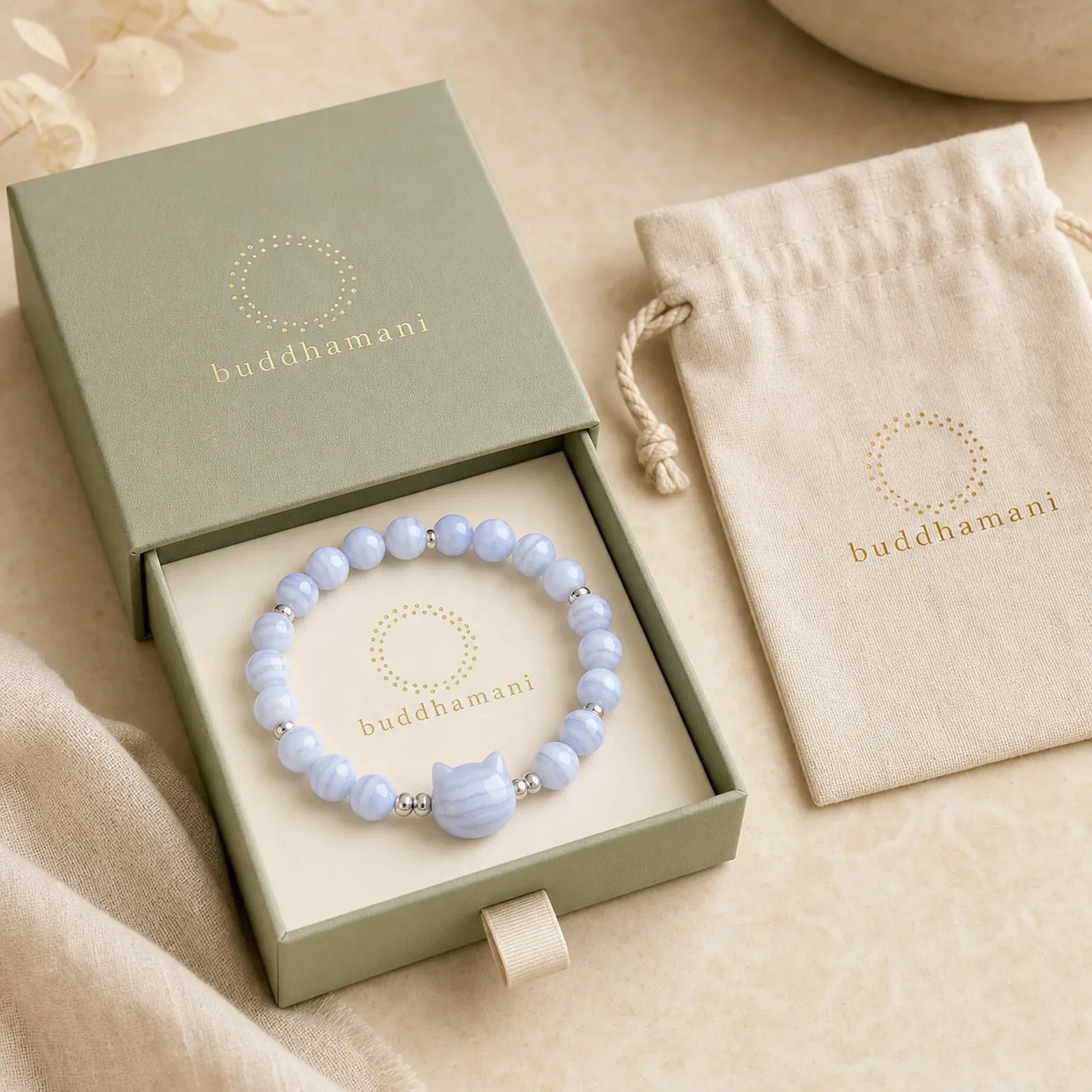 Cute Cat Design Blue Lace Agate Clear Quartz Beaded Bracelet featuring Blue Lace Agate, Clear Quartz / White Crystal, Green Aventurine