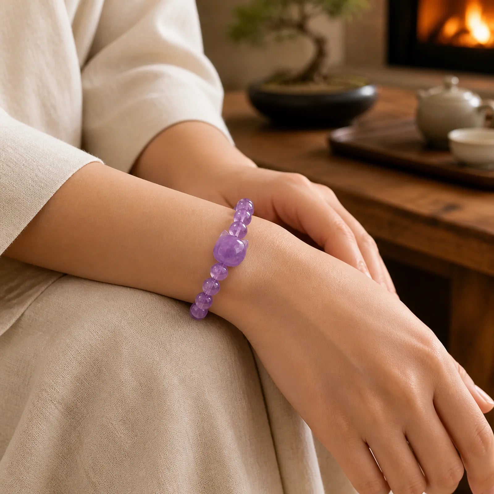 Cute Cat Face Amethyst Spiritual Awareness Bracelet featuring Amethyst