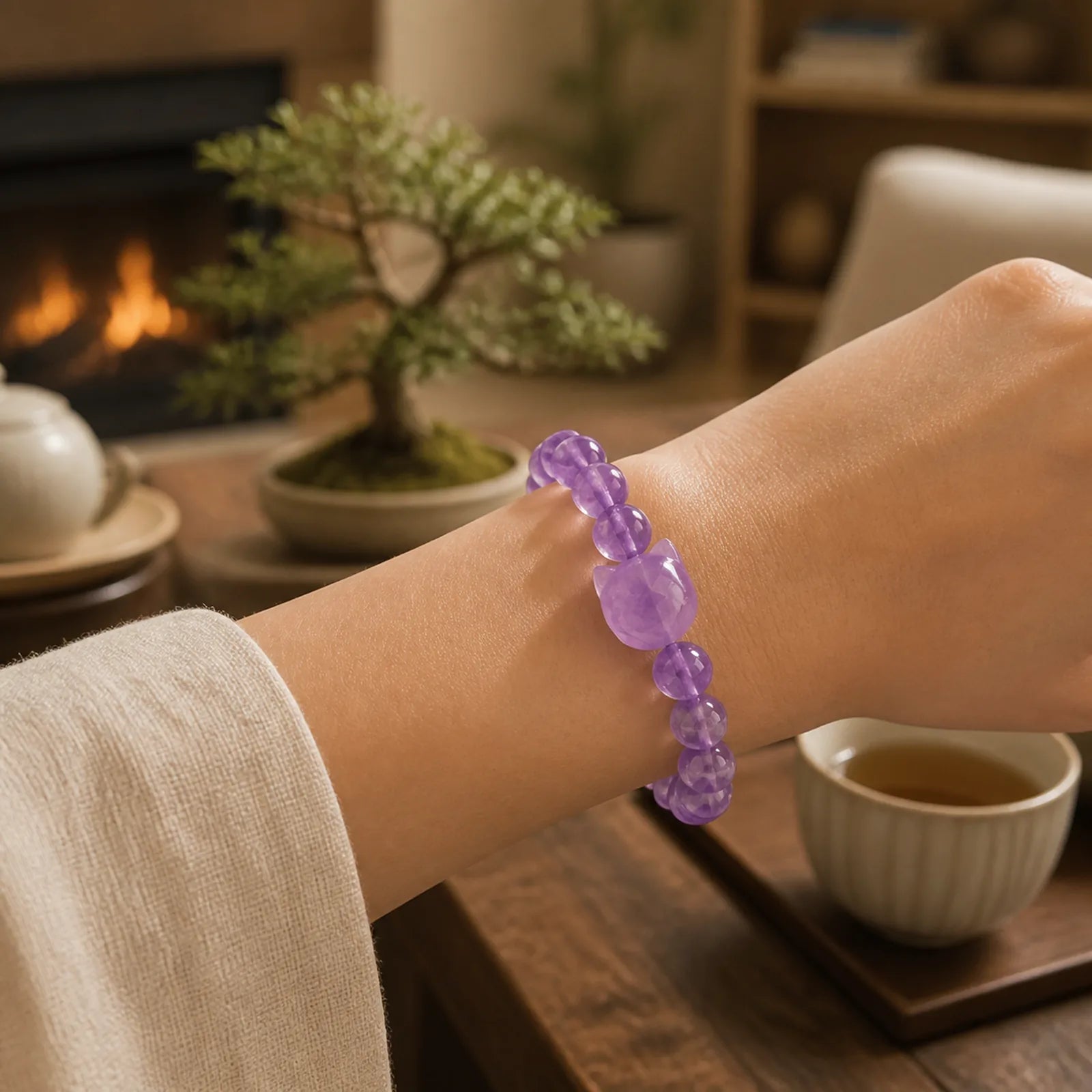 Cute Cat Face Amethyst Spiritual Awareness Bracelet featuring Amethyst