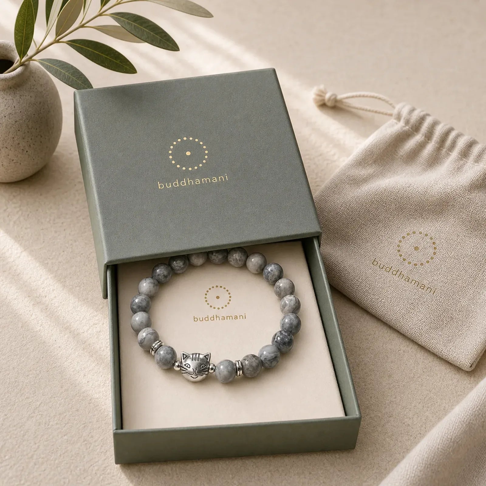 Cute Cat Natural Grey Jasper Bead Healing Bracelet featuring Grey Jasper