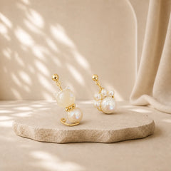 Cute Cat Paw Pearl Wisdom Stud Drop Earrings featuring Pearl, Silver, Copper