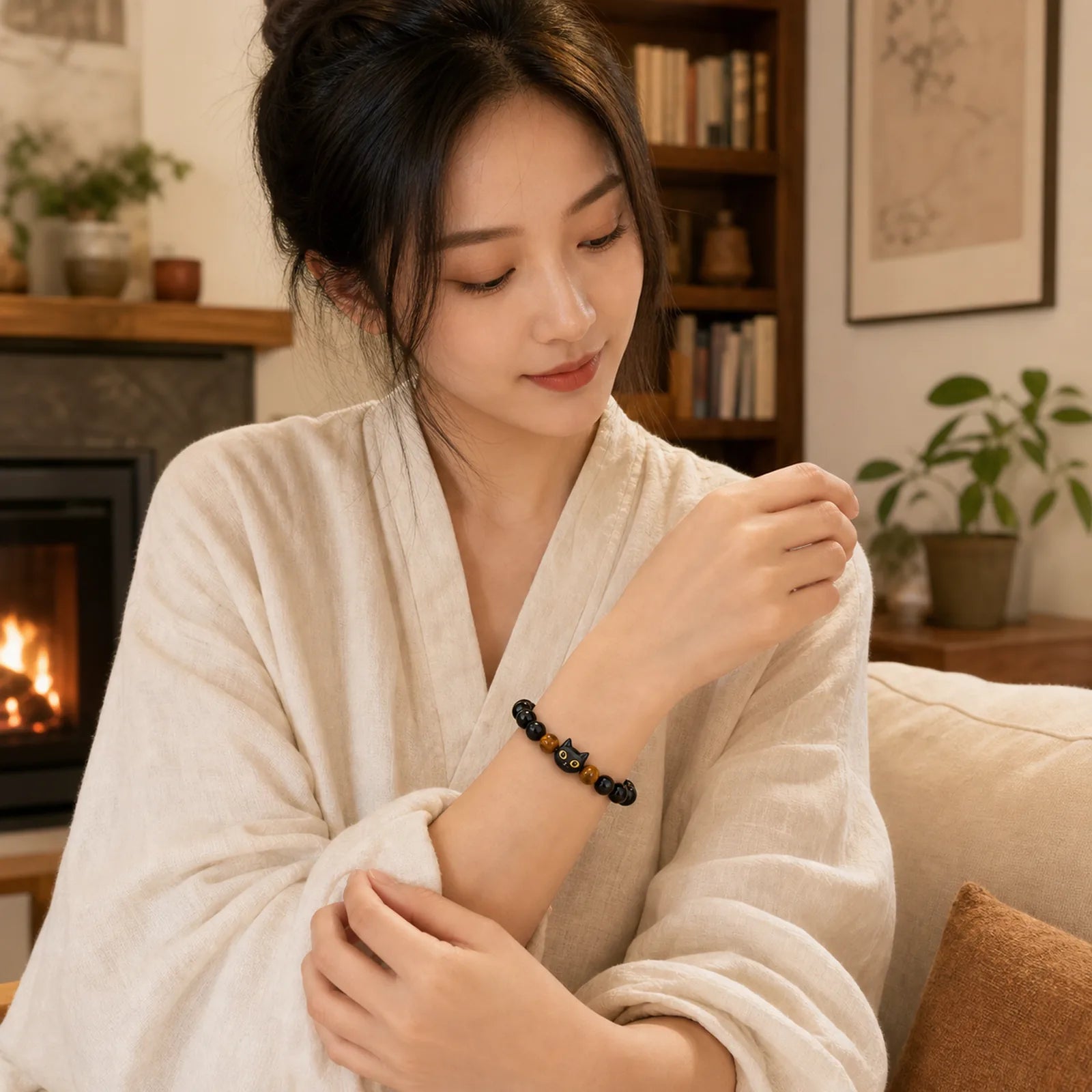 Cute Ebony Wood Cat Head Pattern Peace Bracelet featuring Ebony Wood, Ebony, Tiger Eye